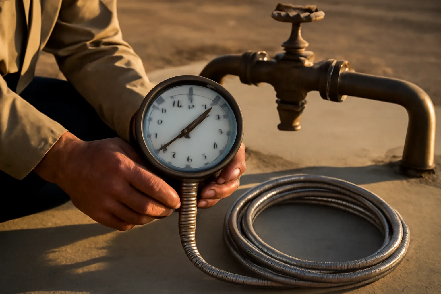 Backflow tester holding a gauge in Arizona sunlight