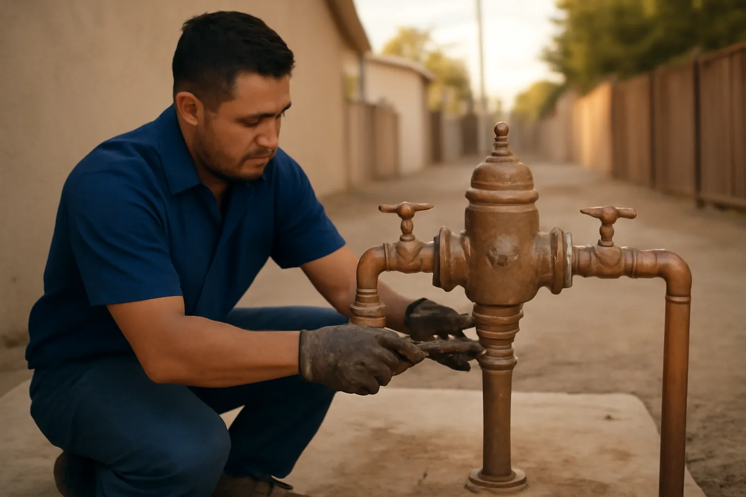 Backflow tester kneeling beside a bronze assembly in afternoon sun
