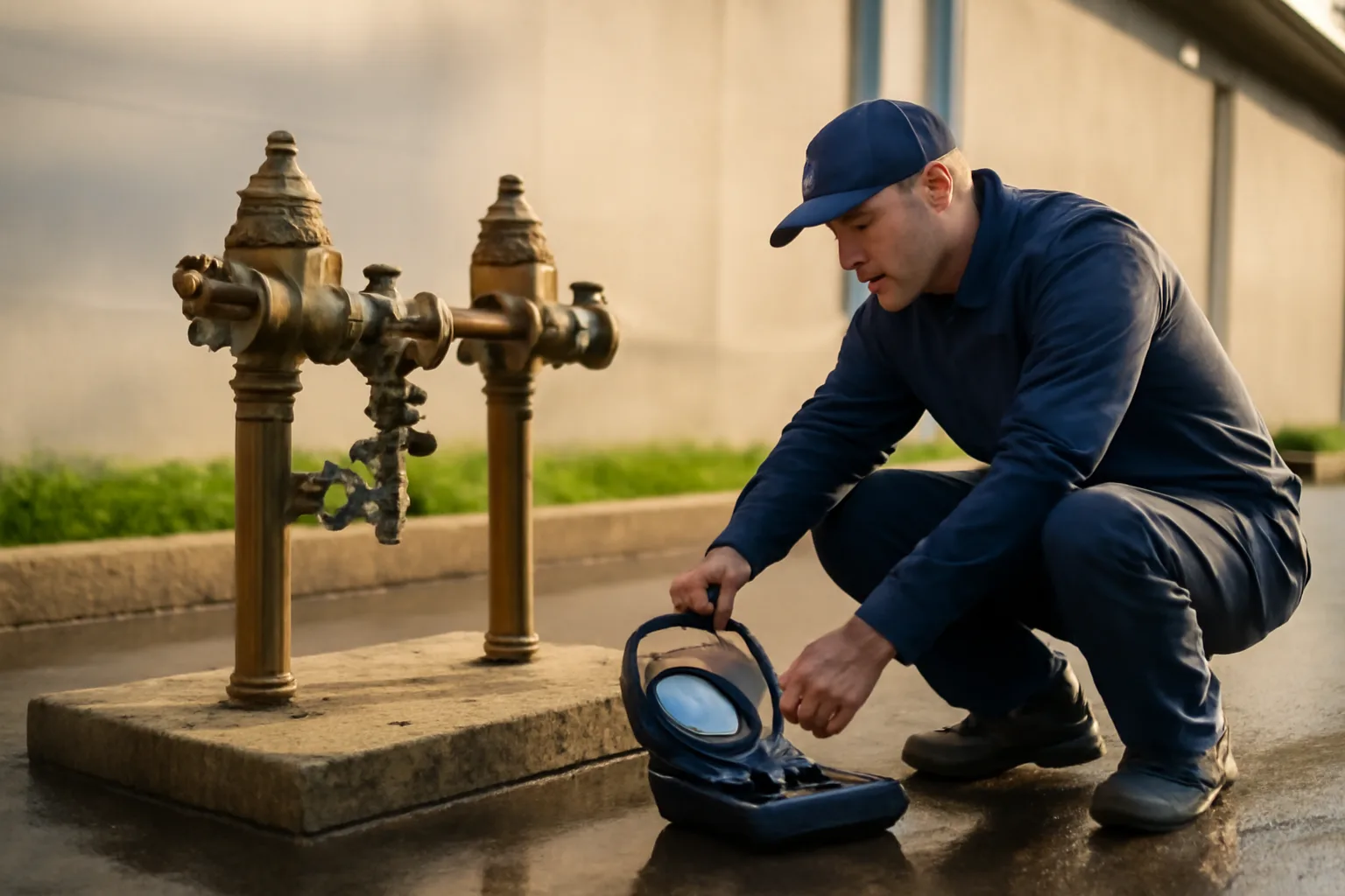 Backflow tester kneeling at a brass assembly on concrete