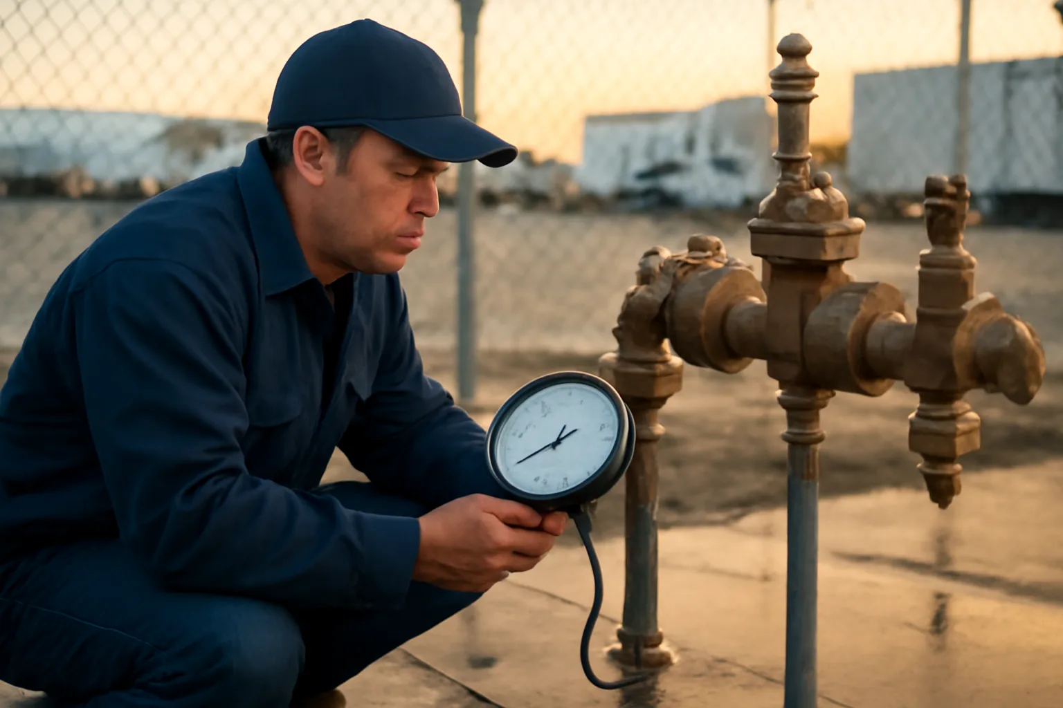Technician field-testing a bronze backflow assembly at dawn