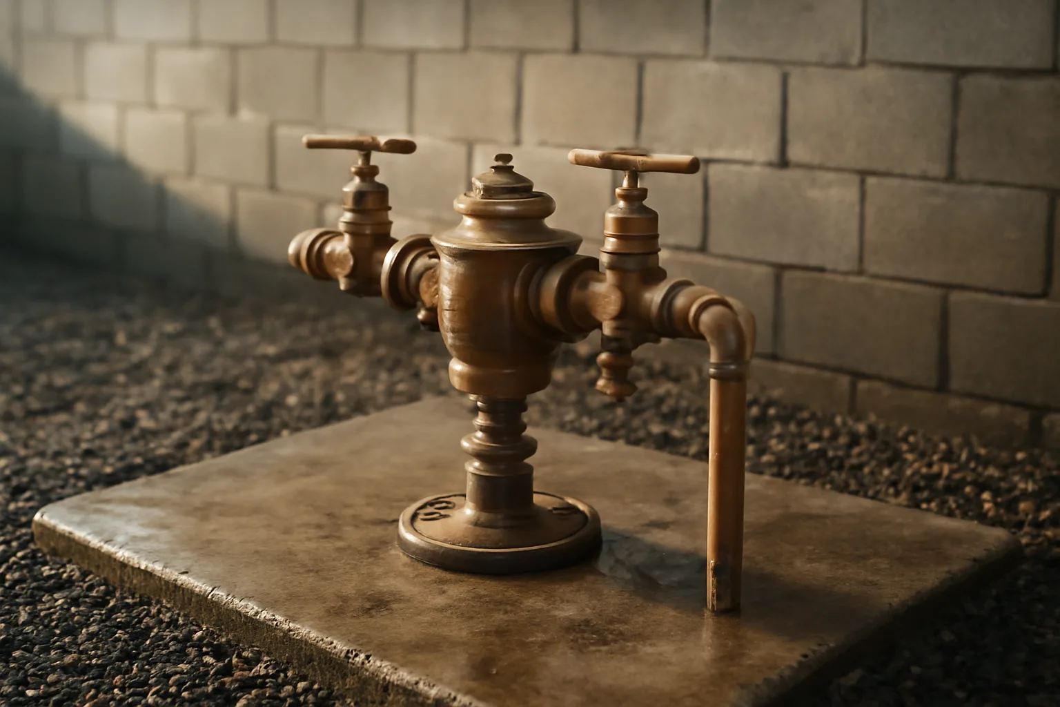 Bronze backflow tester assembly on a wet concrete utility pad