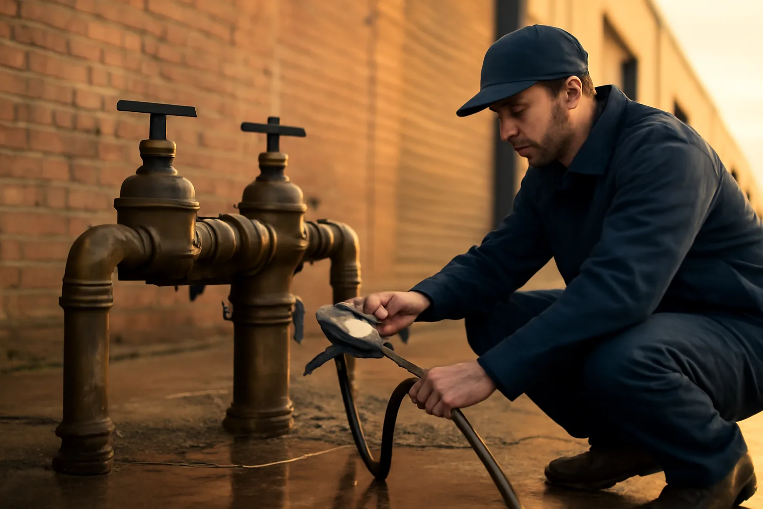Backflow tester connecting a gauge to a bronze assembly outdoors
