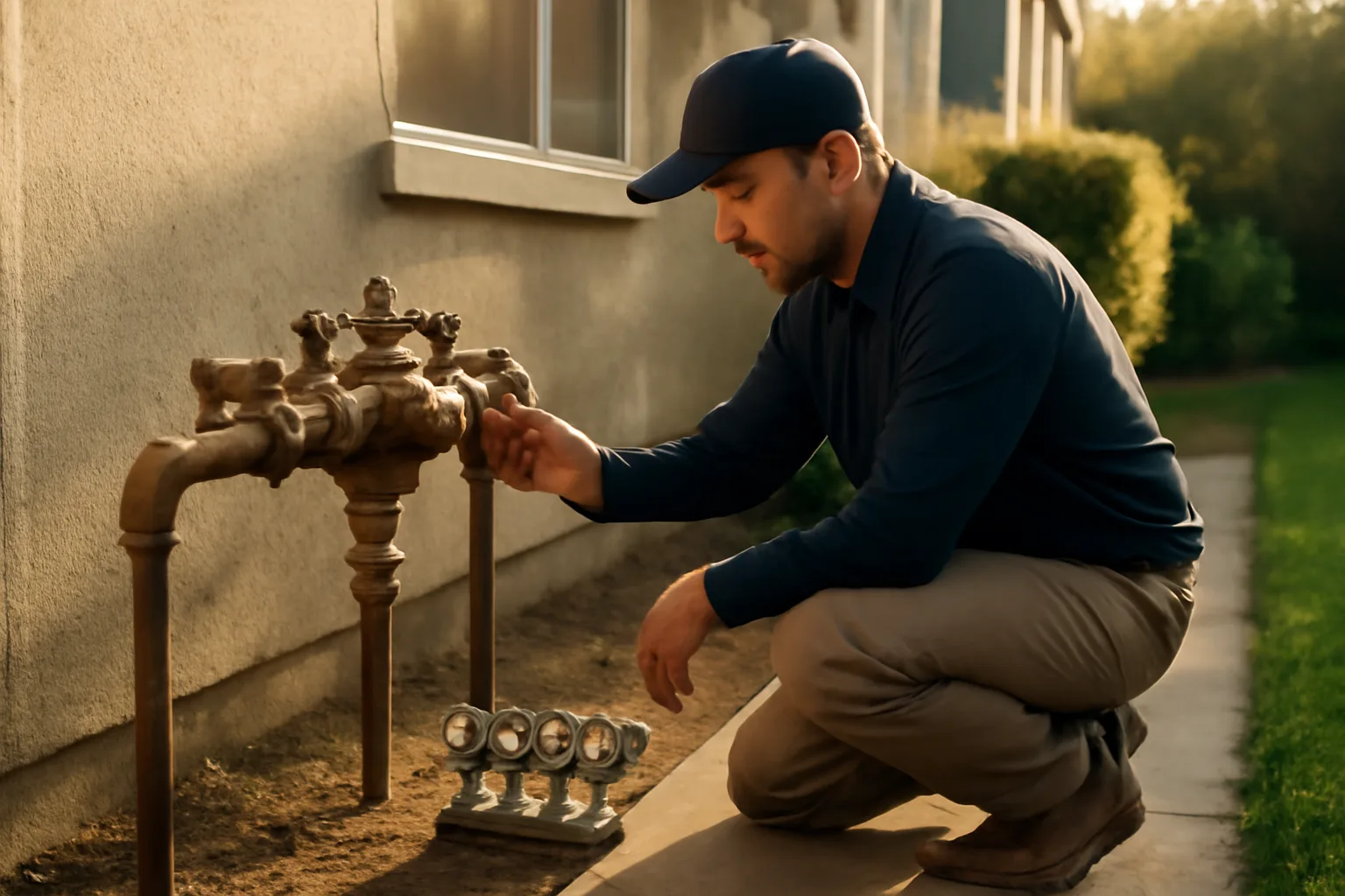 Technician testing a bronze backflow assembly in morning light
