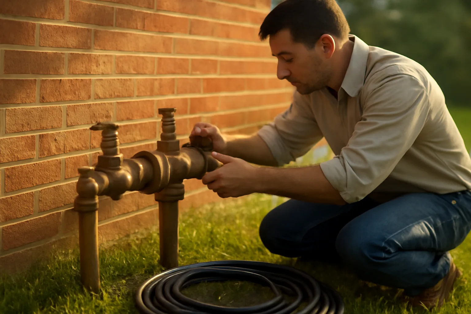 Worker kneeling beside a bronze backflow tester assembly at sunrise