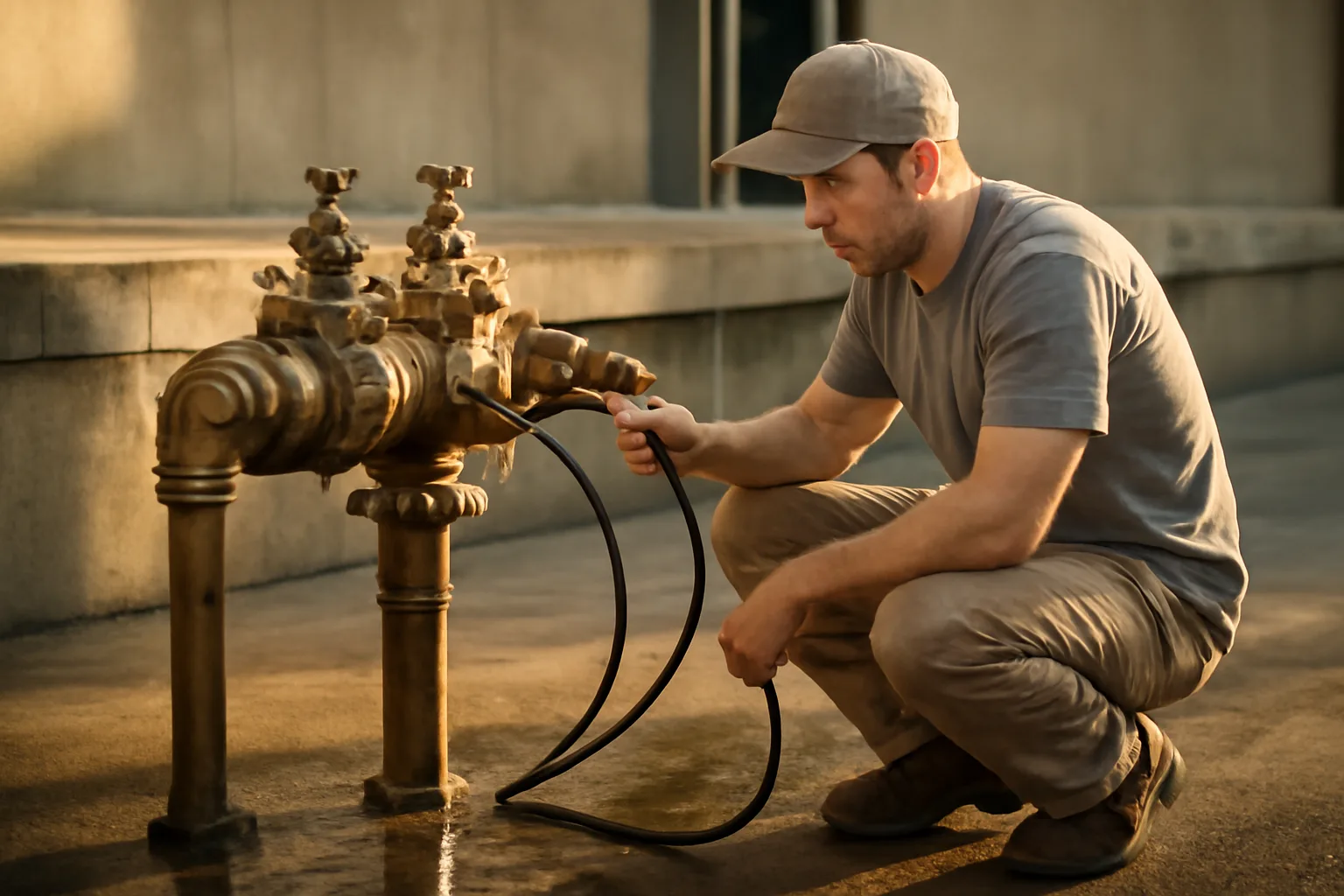 Backflow tester kneeling beside a bronze assembly in afternoon light