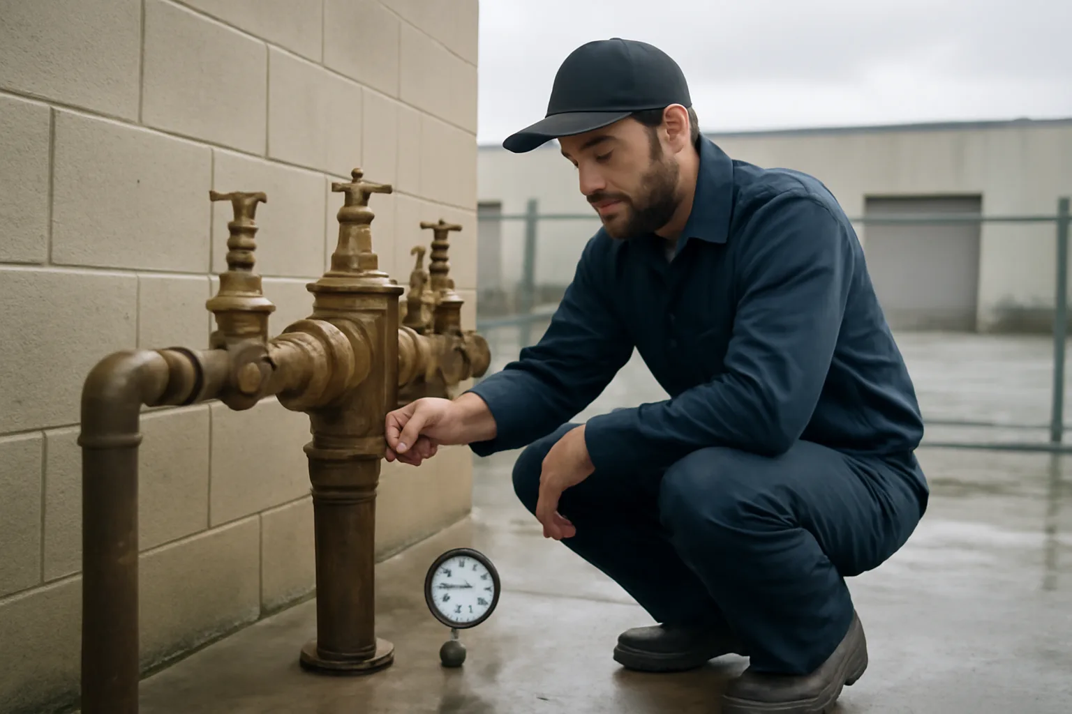 Technician testing a bronze backflow assembly outdoors with a gauge