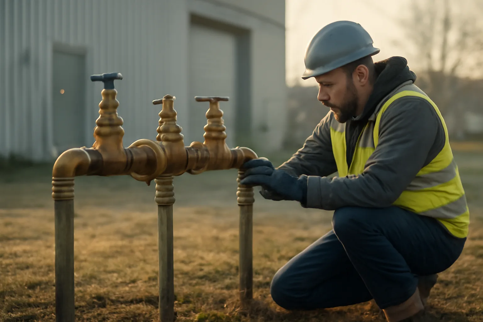 Backflow tester inspecting a copper assembly on an Anchorage building exterior