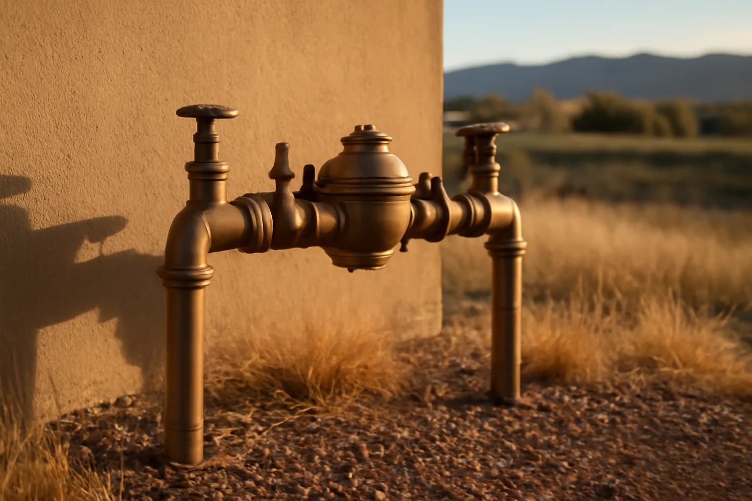 Backflow prevention assembly on a sunlit Colorado building wall