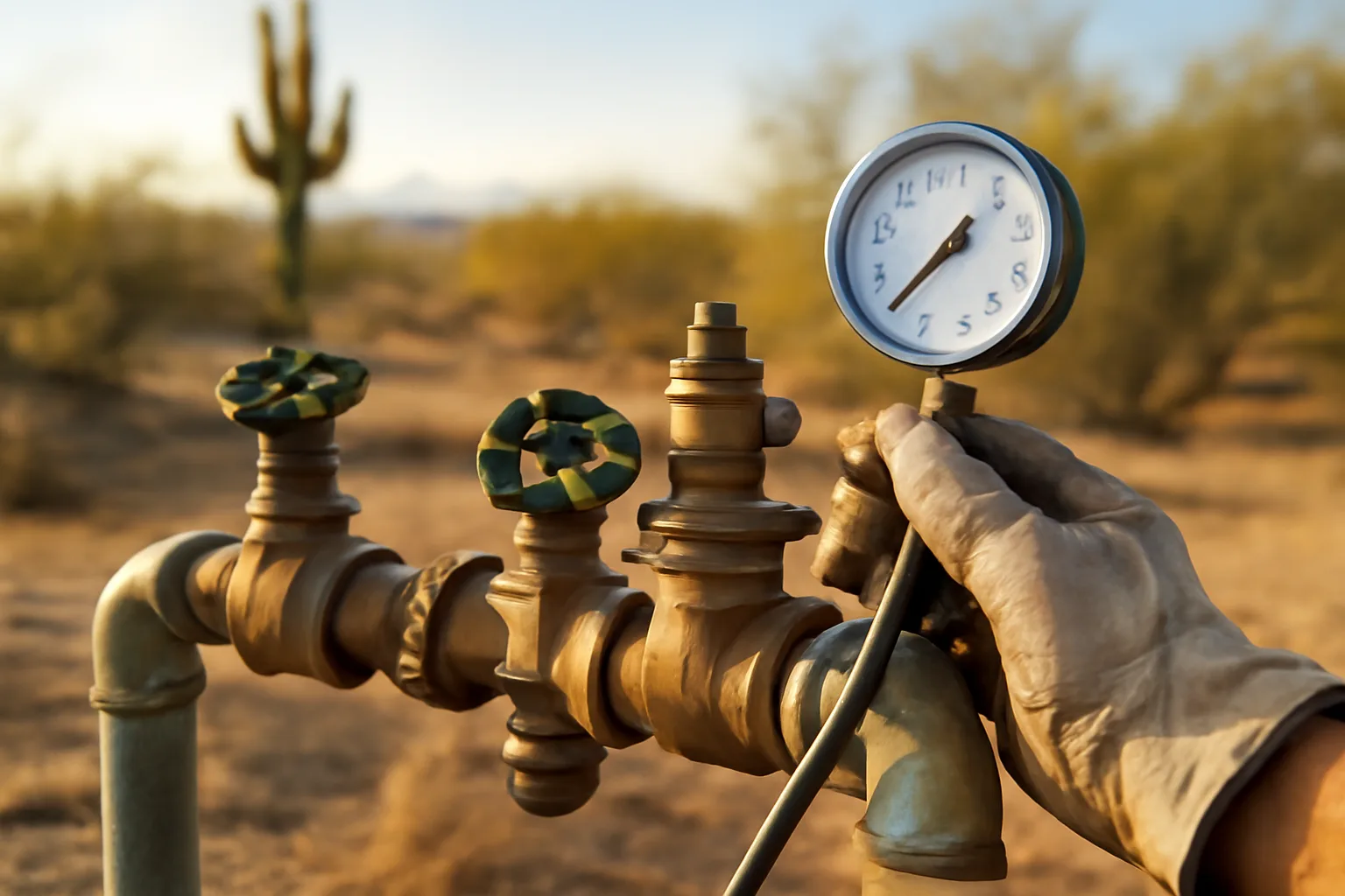 Backflow tester checking a double check valve assembly in Arizona with a gauge
