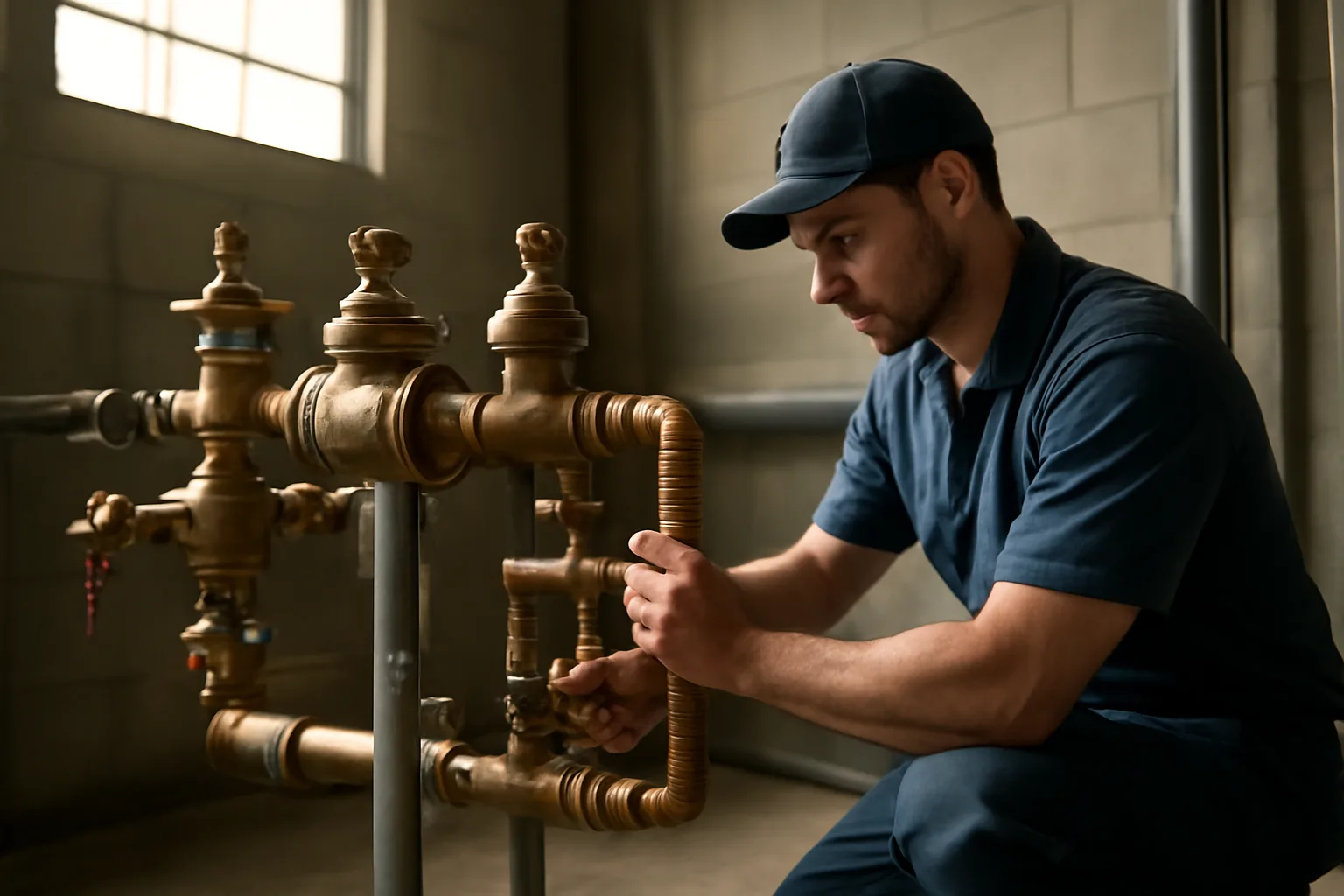 Plumber testing a backflow preventer assembly in an Alabama mechanical room