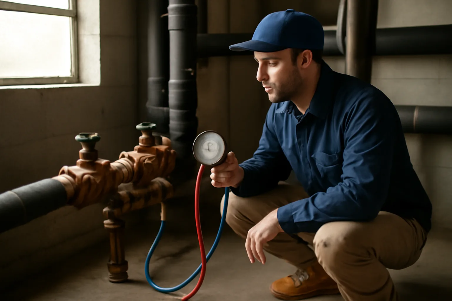 Backflow tester connecting a gauge kit to a copper assembly in an Alaska mechanical room