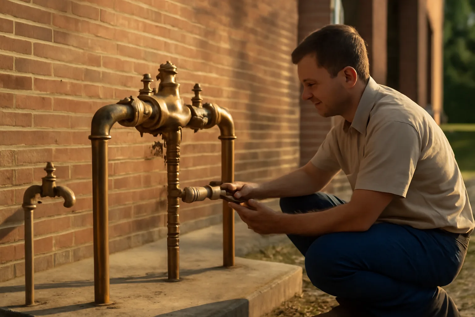 Tester kneels by a backflow assembly behind an Arkansas brick building