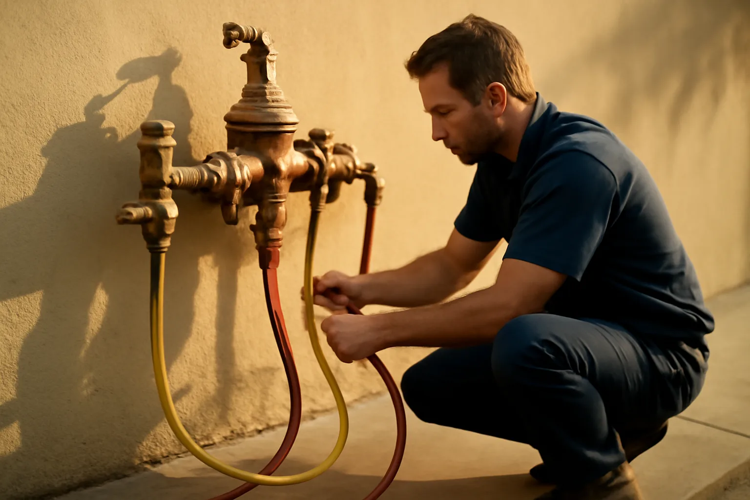 Technician testing a bronze backflow assembly outside a California building