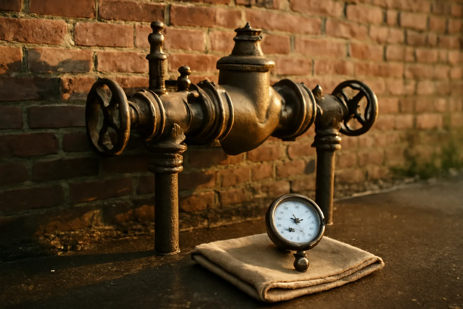 Backflow preventer and test gauge outside a Connecticut brick mill
