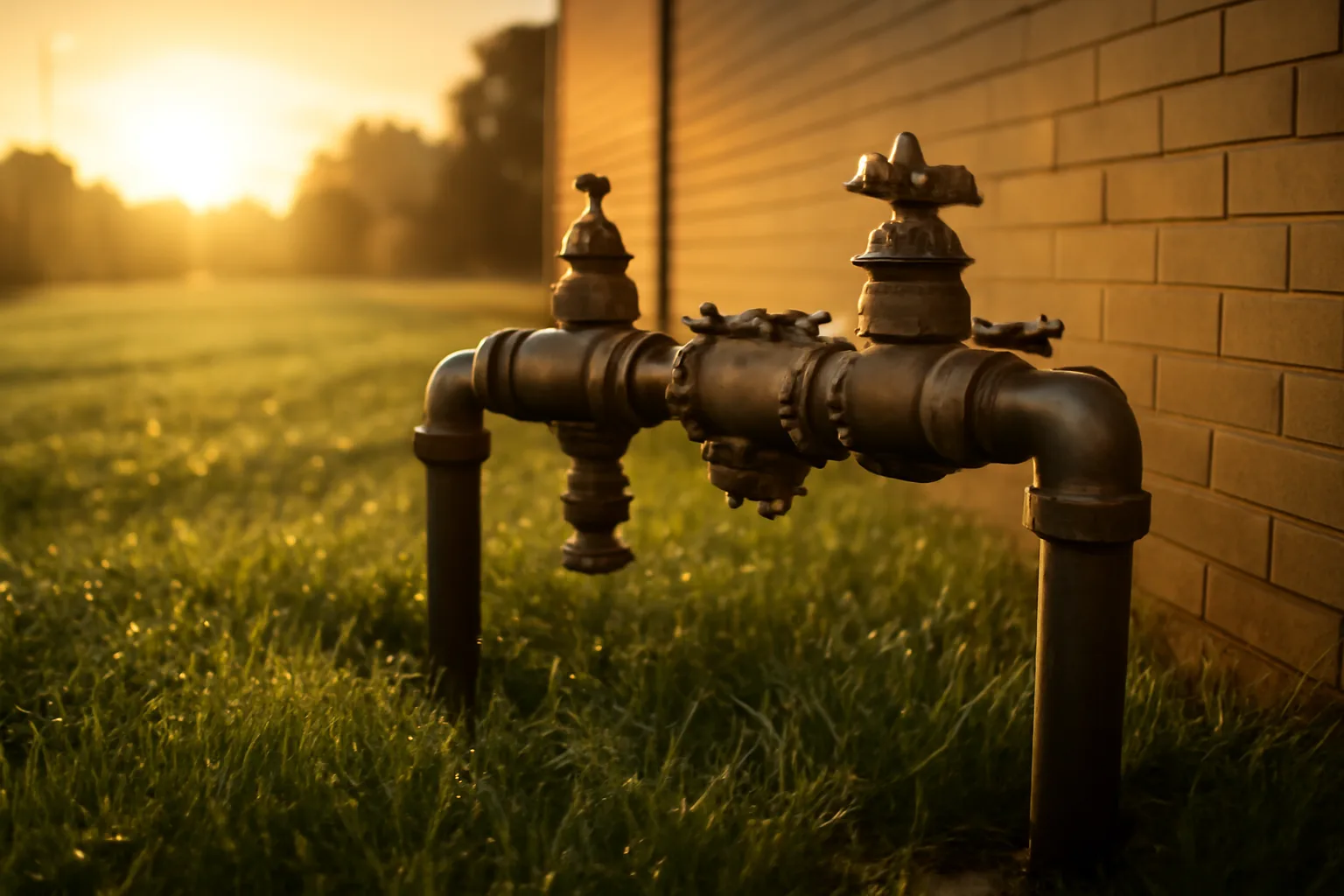 Brass backflow assembly beside a Delaware commercial wall at sunrise
