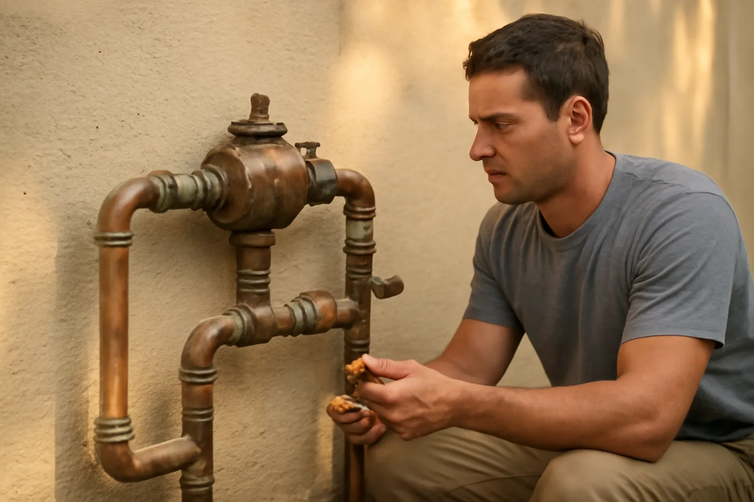 Tester kneeling at a backflow assembly in Florida afternoon light