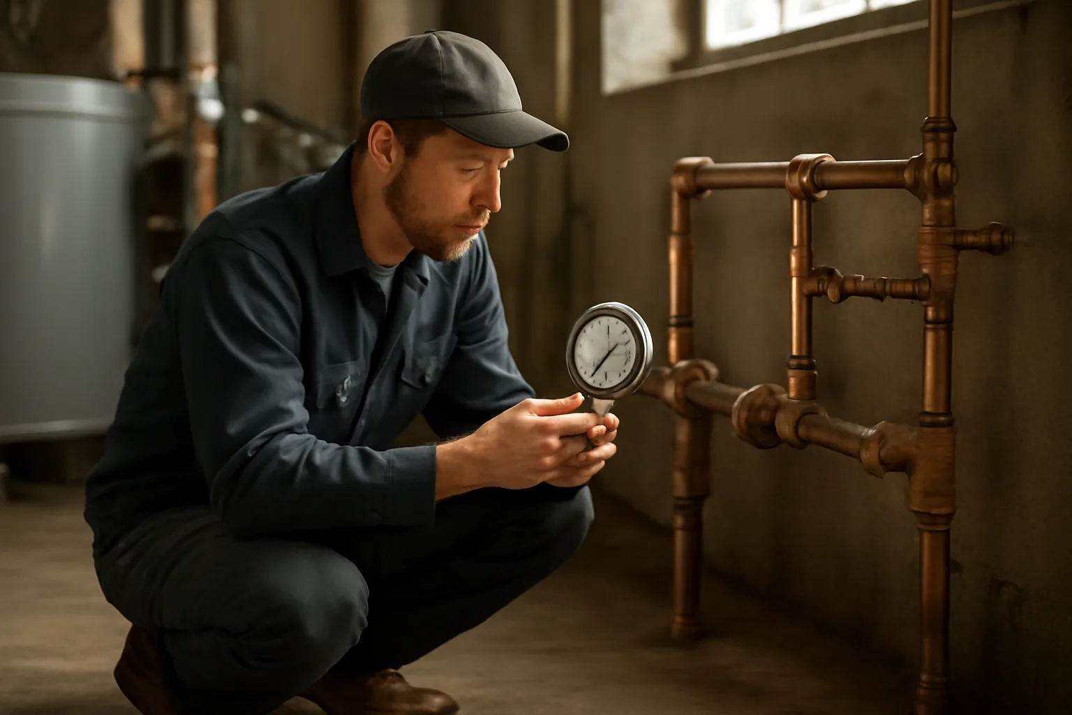 Plumber testing a backflow prevention assembly with a differential pressure gauge in a mechanical room