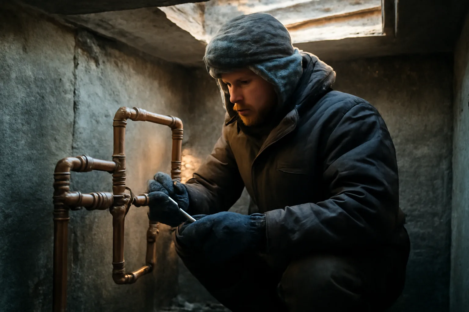 Plumber inspecting a backflow prevention assembly inside an Alaska utility vault