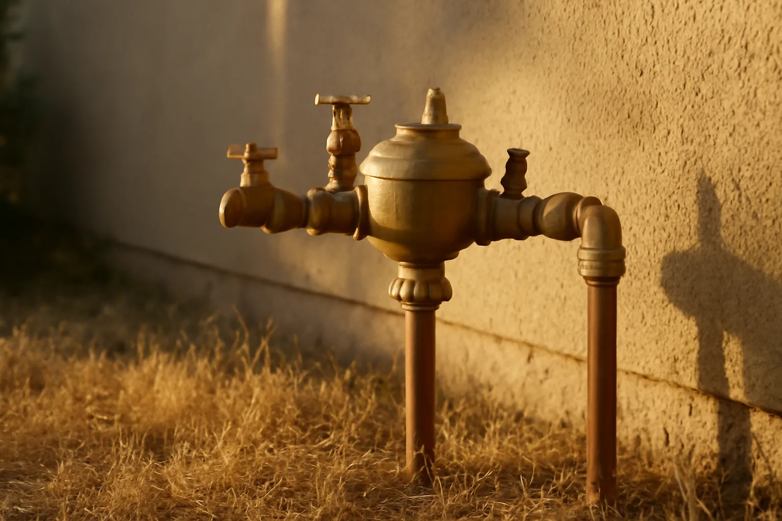 Bronze backflow tester assembly in a sunlit California side yard