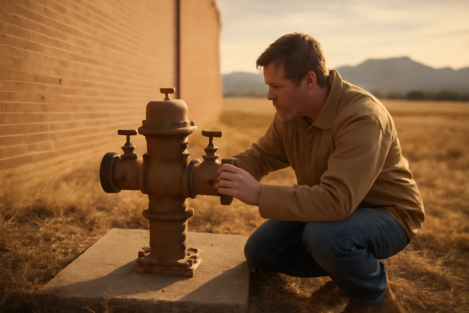 Worker testing a backflow preventer behind a Colorado warehouse