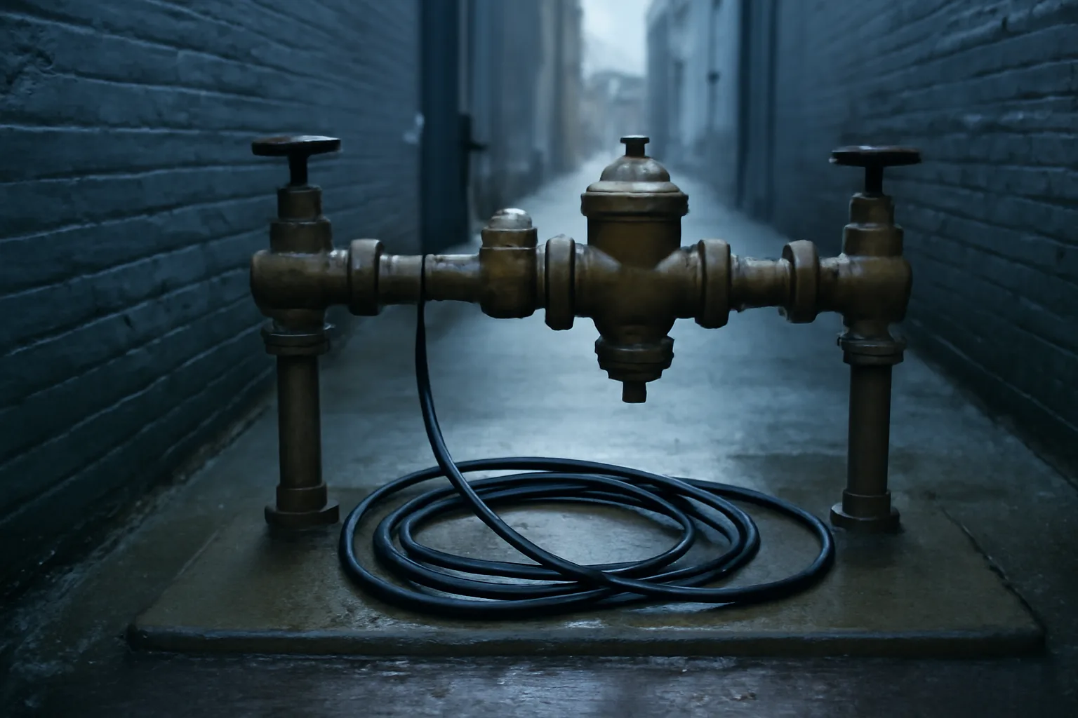 Brass backflow assembly on wet concrete behind a Connecticut building