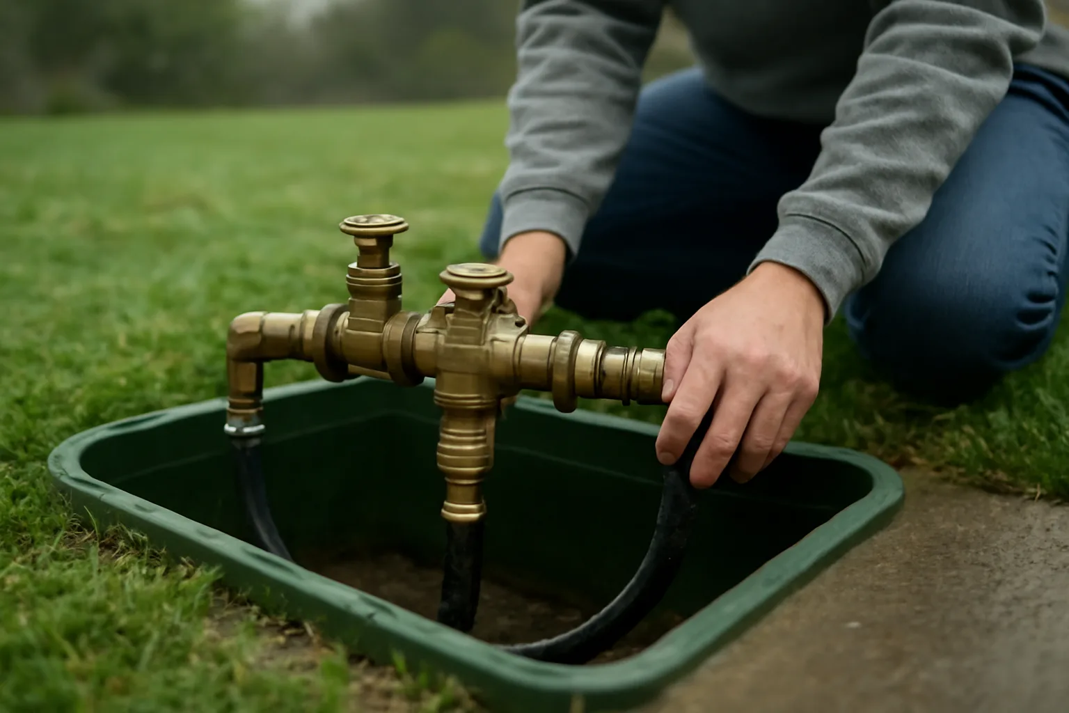 Tester kneeling at a brass backflow assembly in a Delaware yard