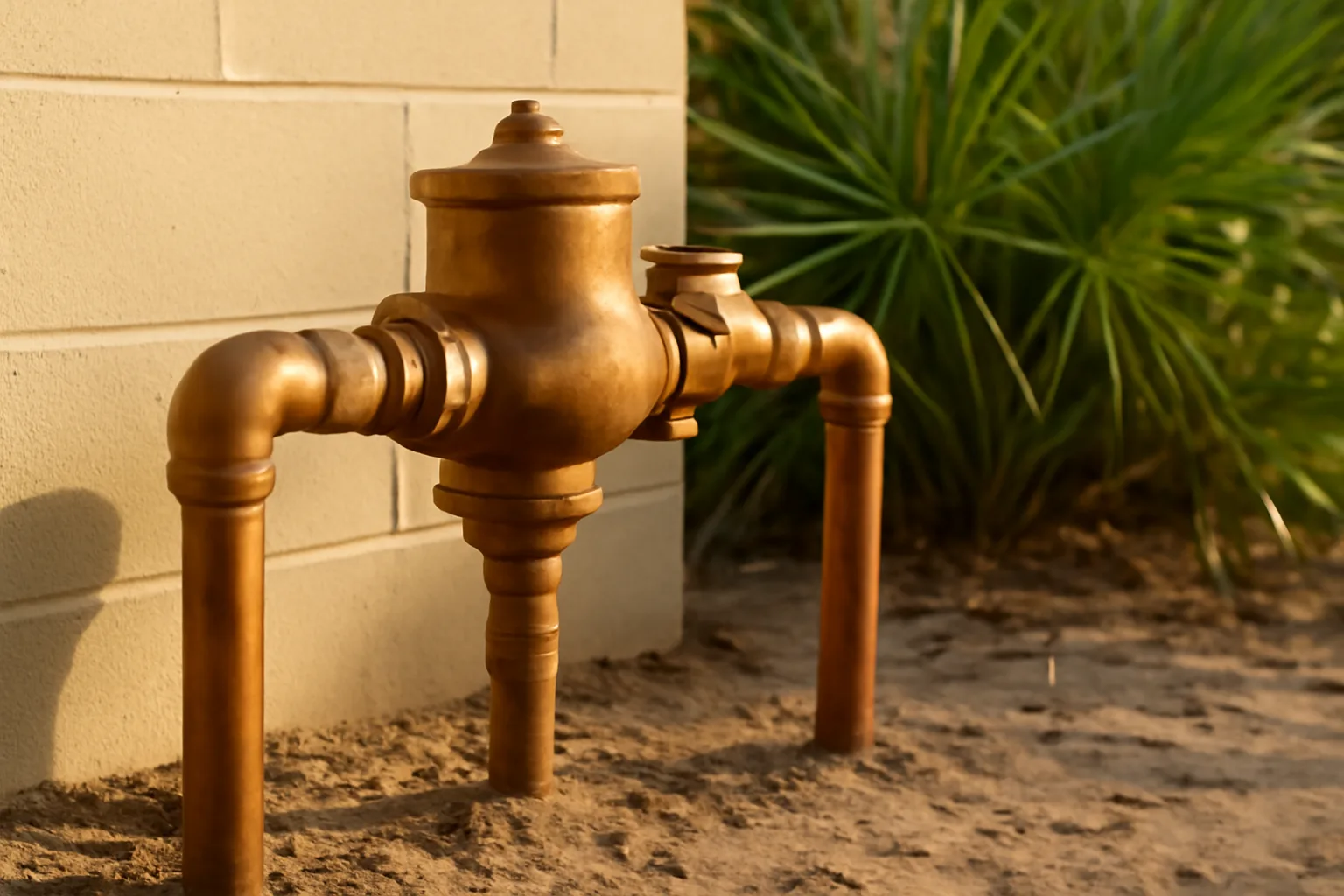 Bronze backflow preventer in coastal Florida sun by a block wall