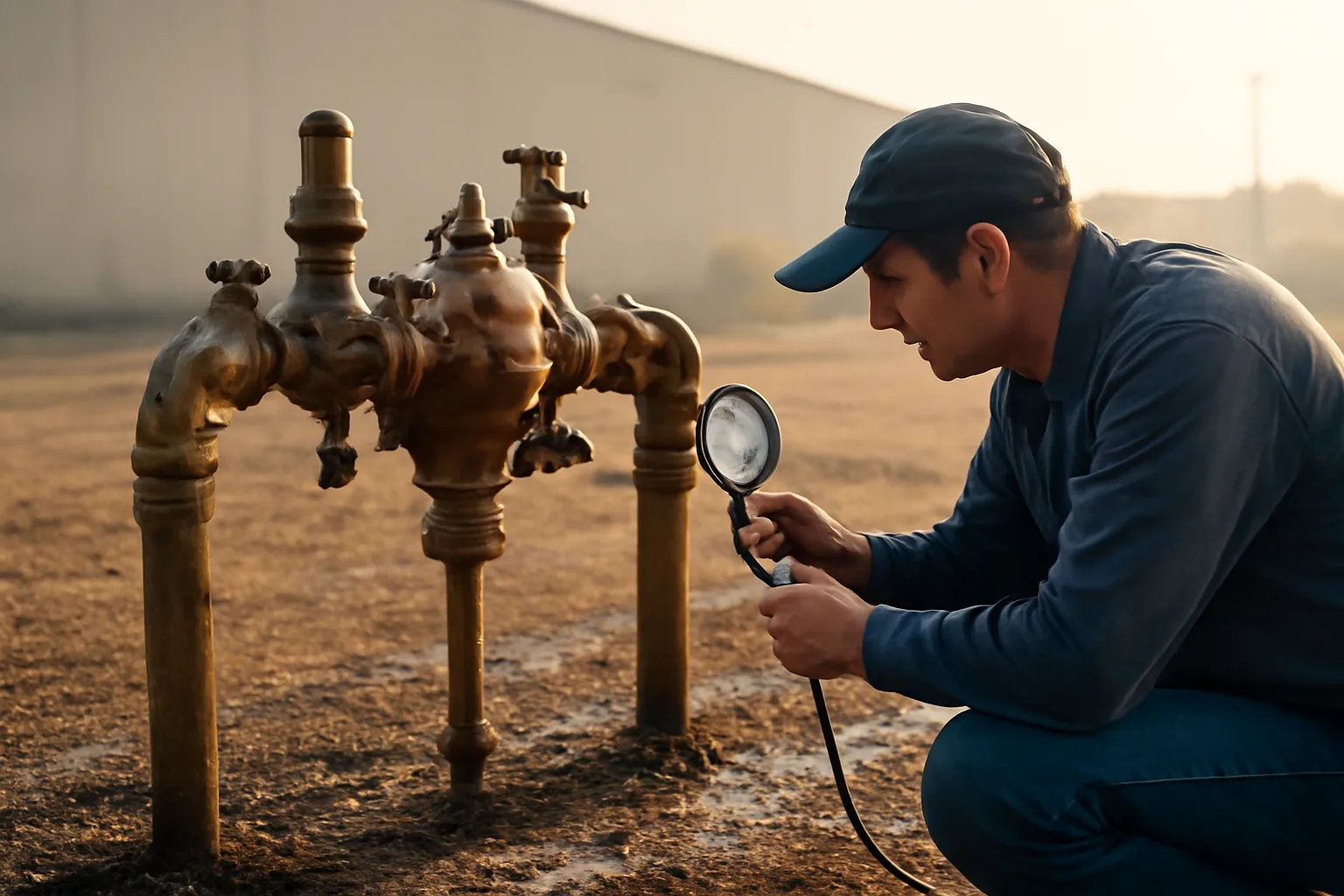 Technician testing a backflow preventer in a Commerce City yard