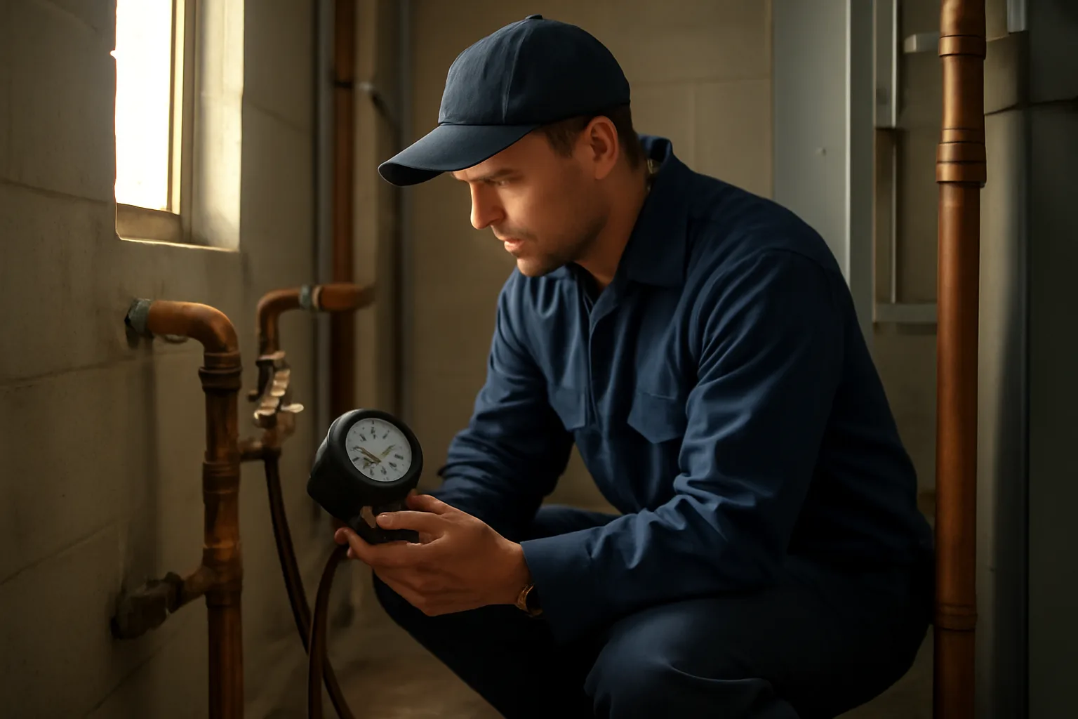 Backflow tester crouching beside copper pipe assembly holding pressure gauge kit