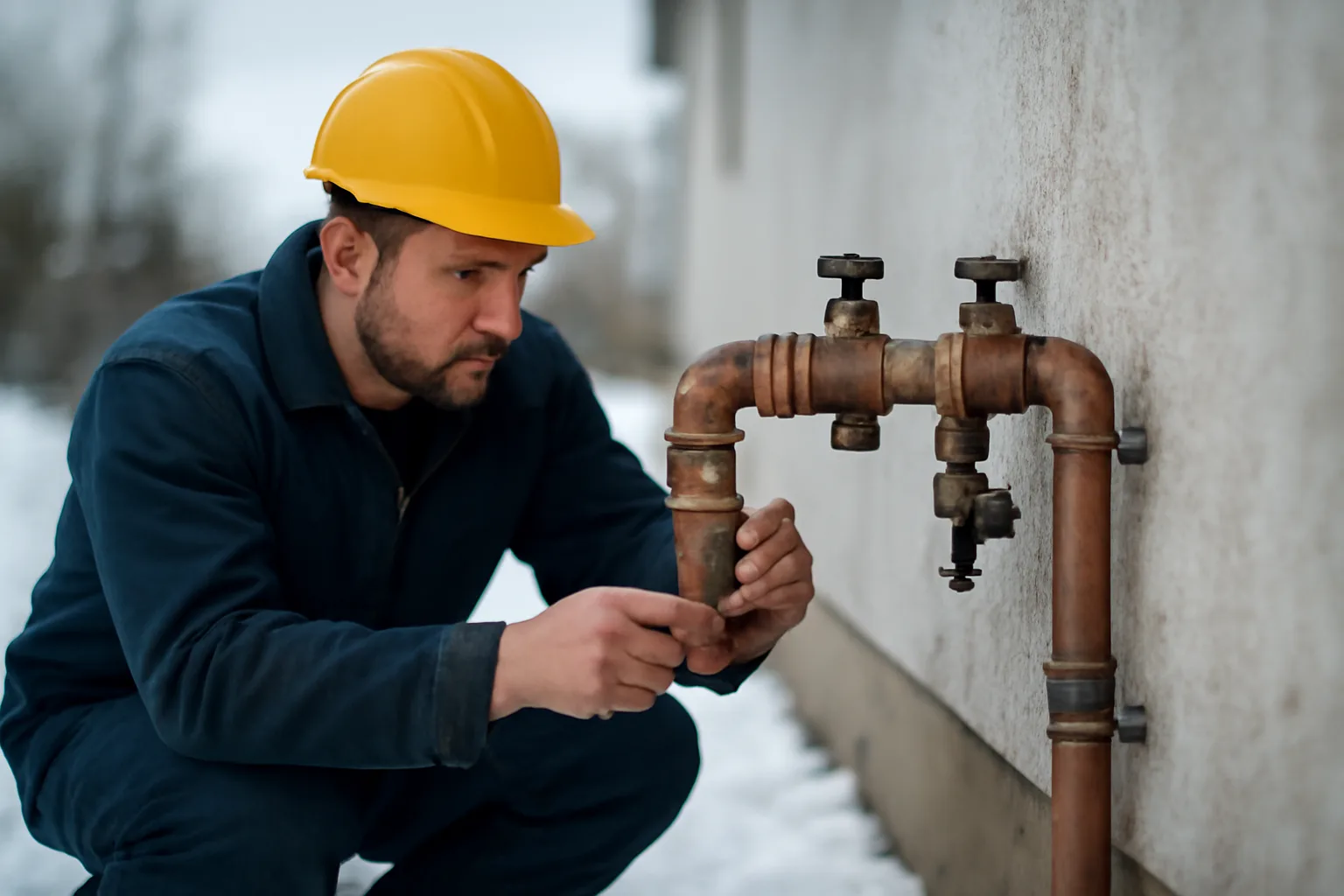 Plumber inspecting a backflow preventer assembly on a building exterior in Alaska winter