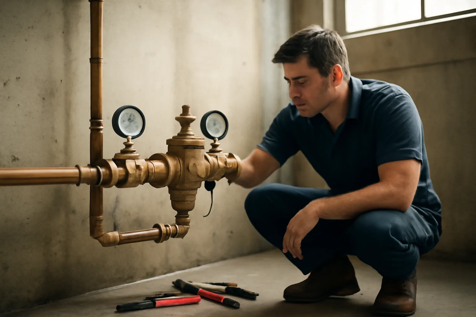 Technician testing a brass backflow prevention assembly in a commercial mechanical room