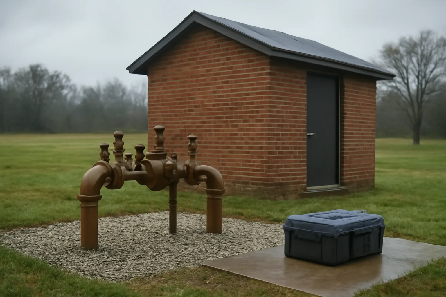 Bronze backflow assembly in gravel beside an Arkansas pump house