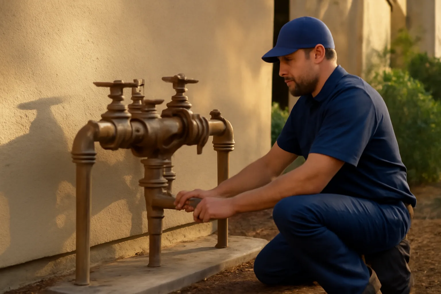 Technician testing a backflow assembly beside a California stucco wall
