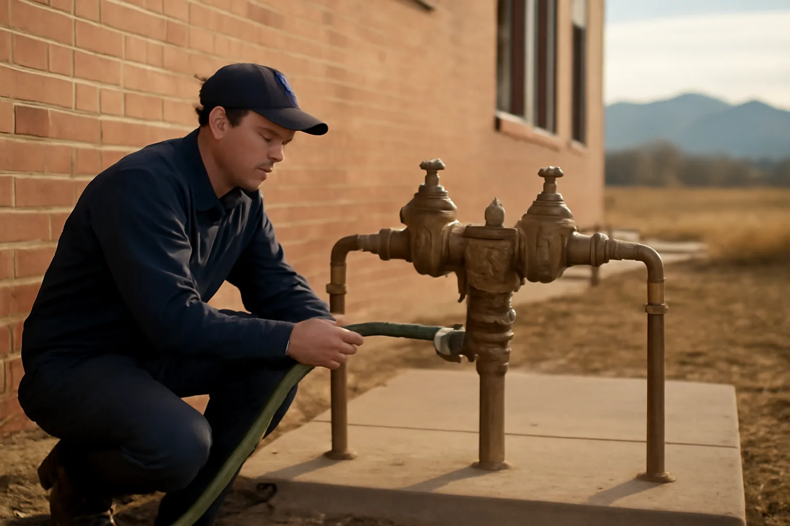 Tester checks a backflow assembly behind a Colorado commercial building