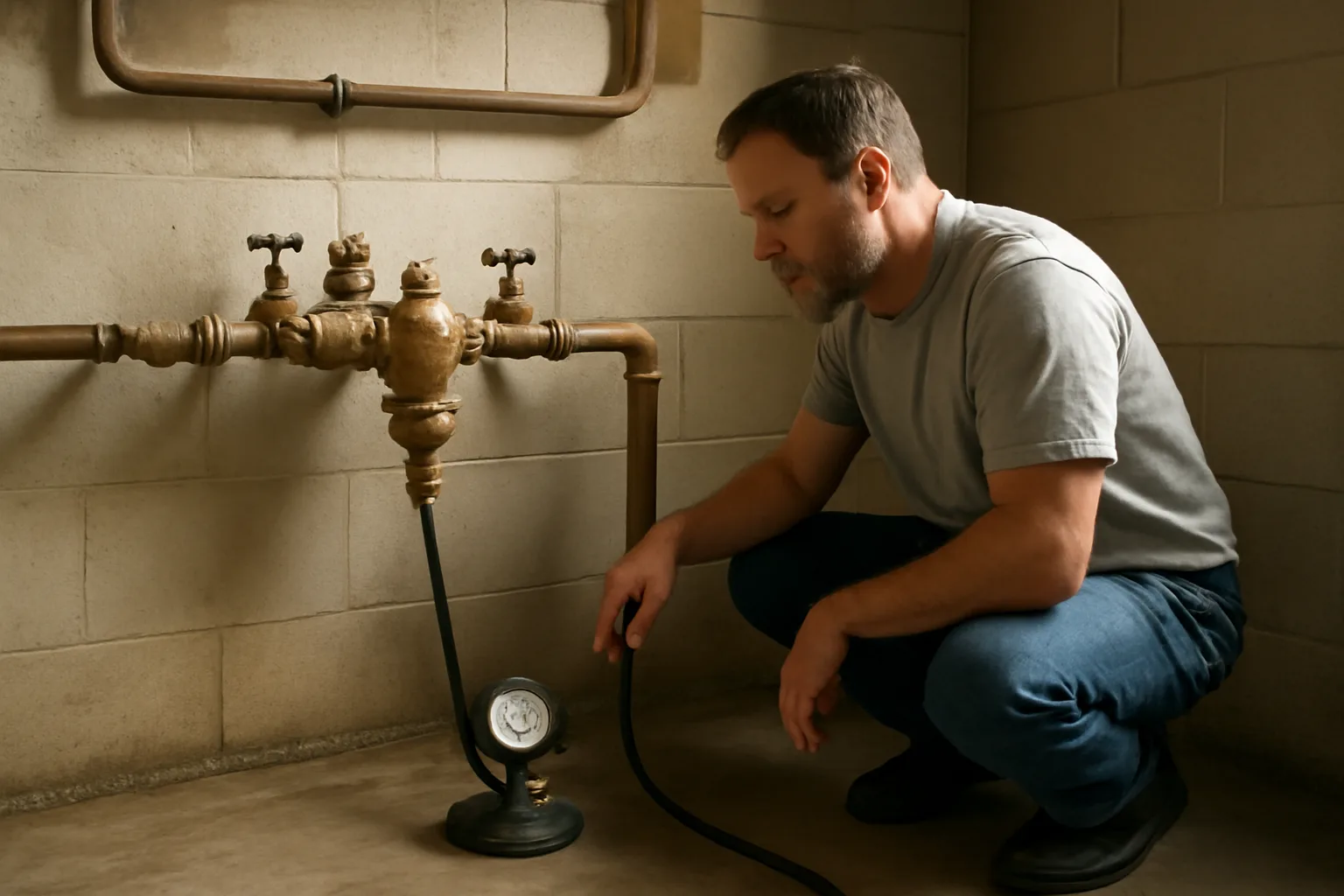 Tester kneeling by a brass backflow assembly in a Connecticut basement