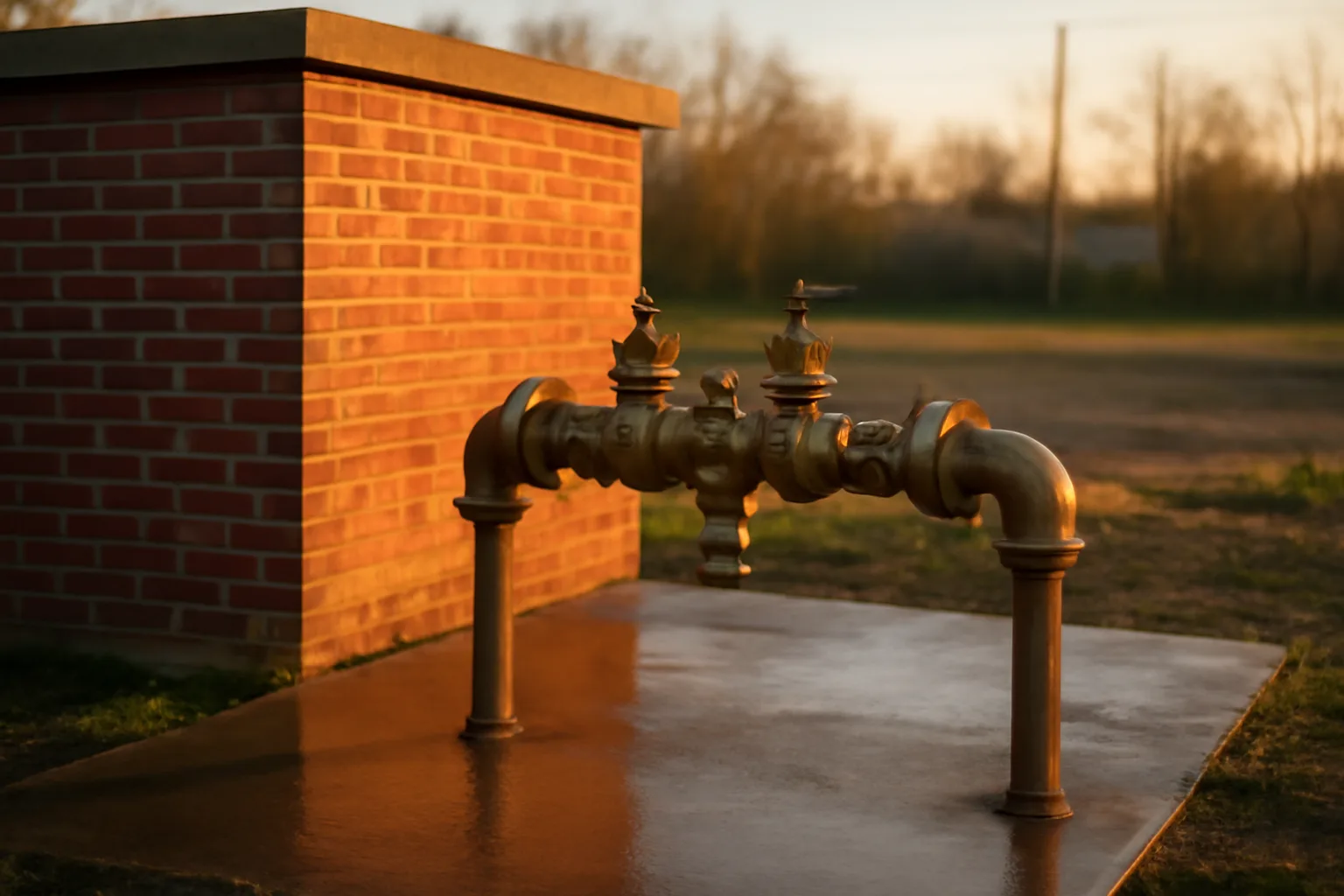 Brass backflow assembly beside a brick wall in Delaware light