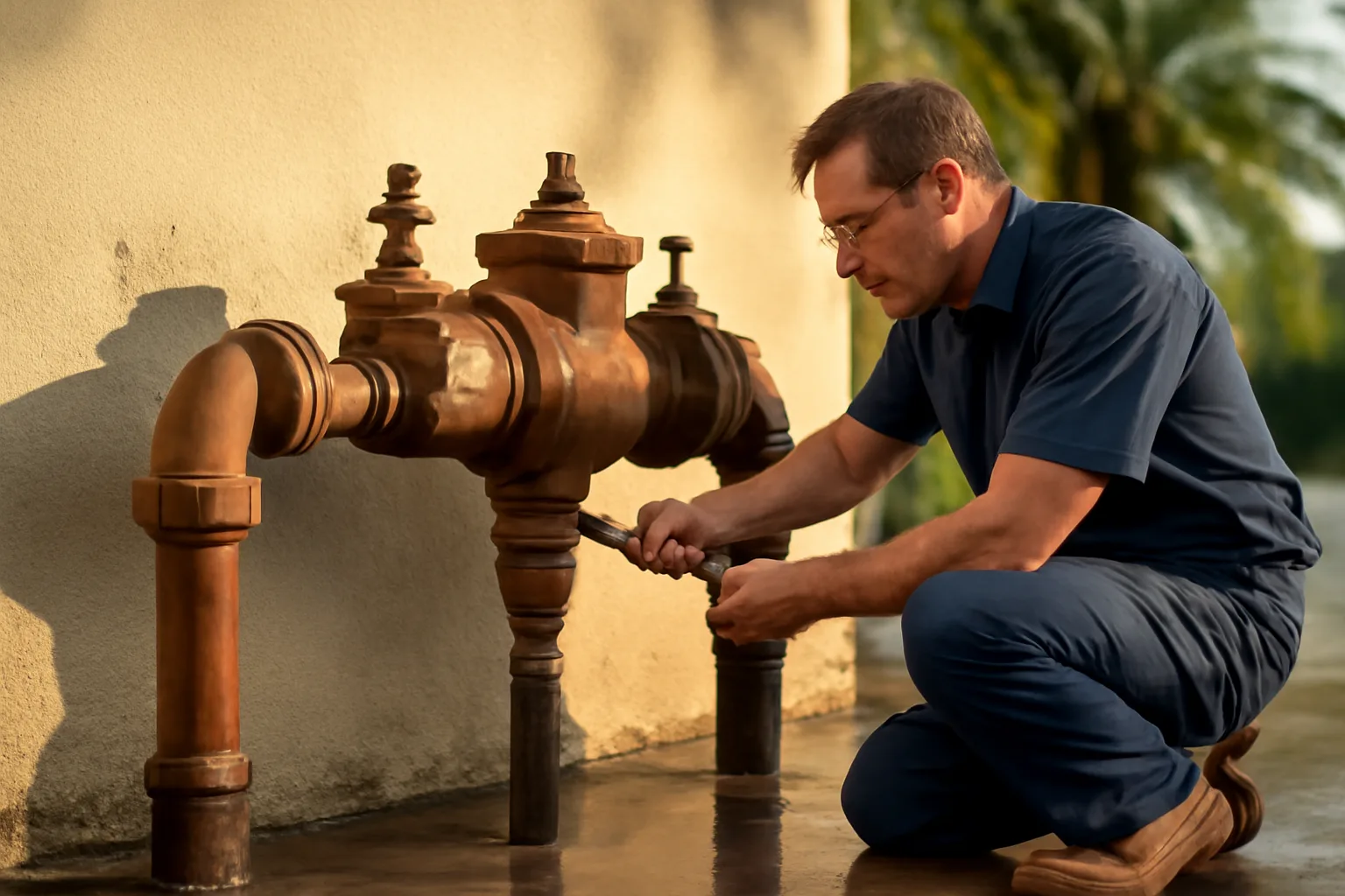 Tester at a backflow assembly behind a Florida commercial building