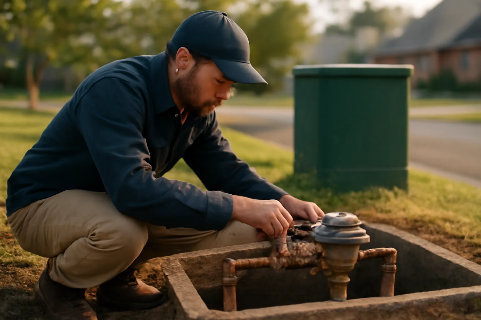 Backflow tester kneeling beside a water meter vault outdoors in Alabama