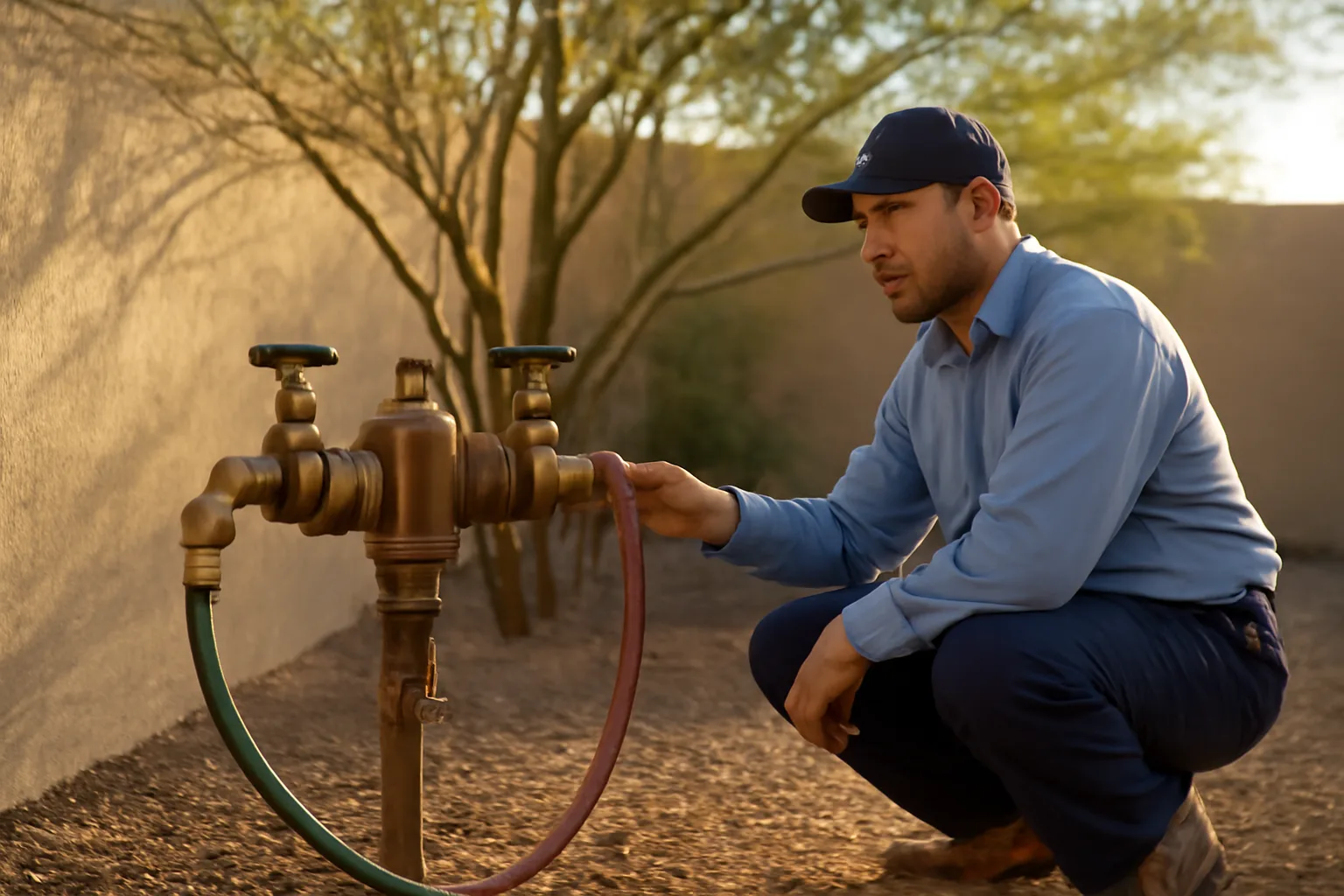 Arizona backflow tester working on an assembly in a Phoenix yard