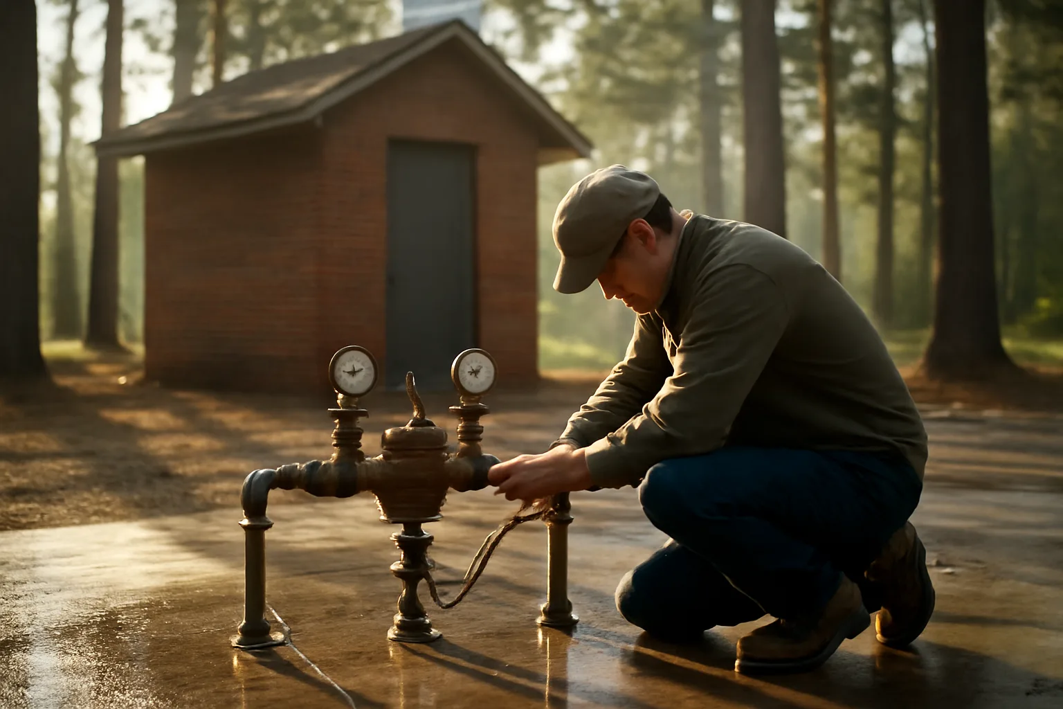 Person testing a bronze backflow assembly beside an Arkansas pump house