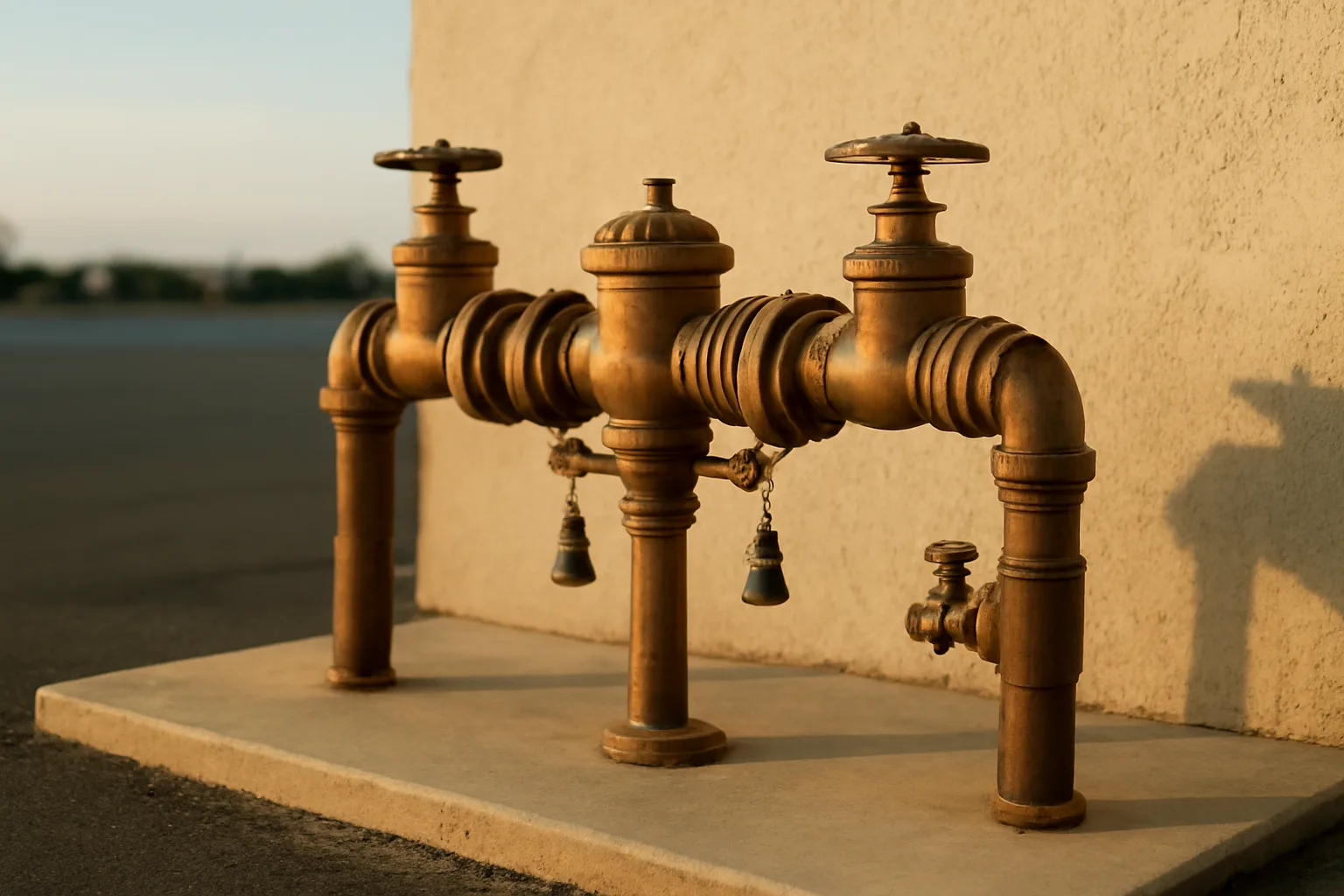 Bronze backflow assembly on a concrete pad in California sun
