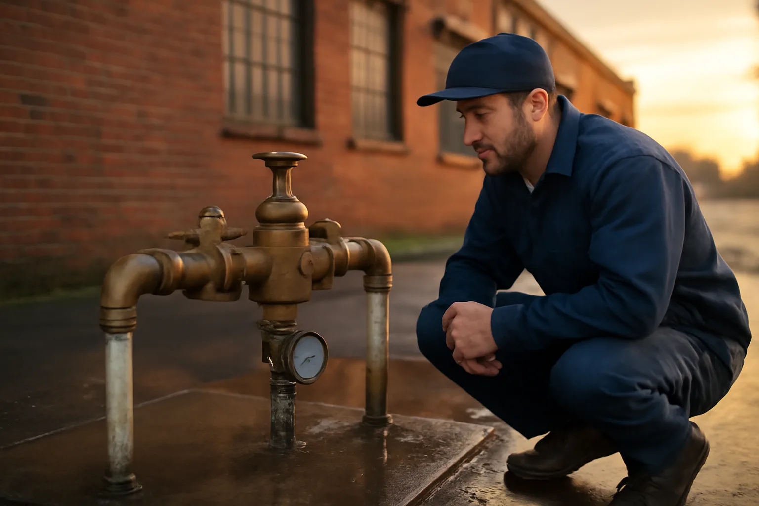 Backflow tester crouches by a brass assembly behind a brick factory