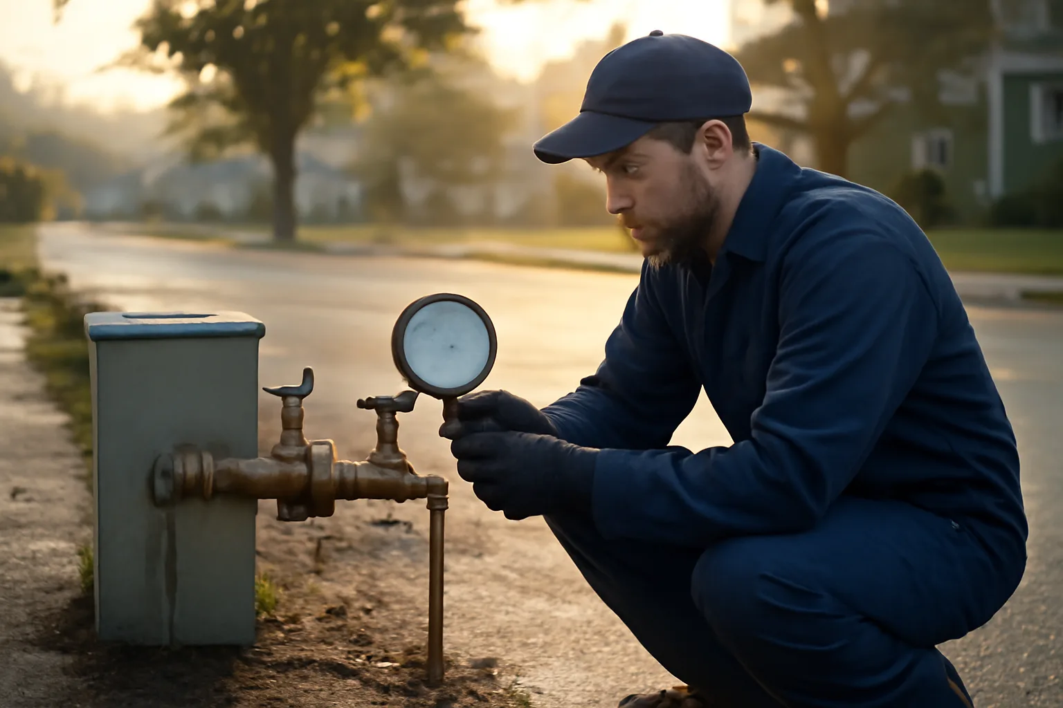 Tester checking a residential backflow assembly on a Delaware street