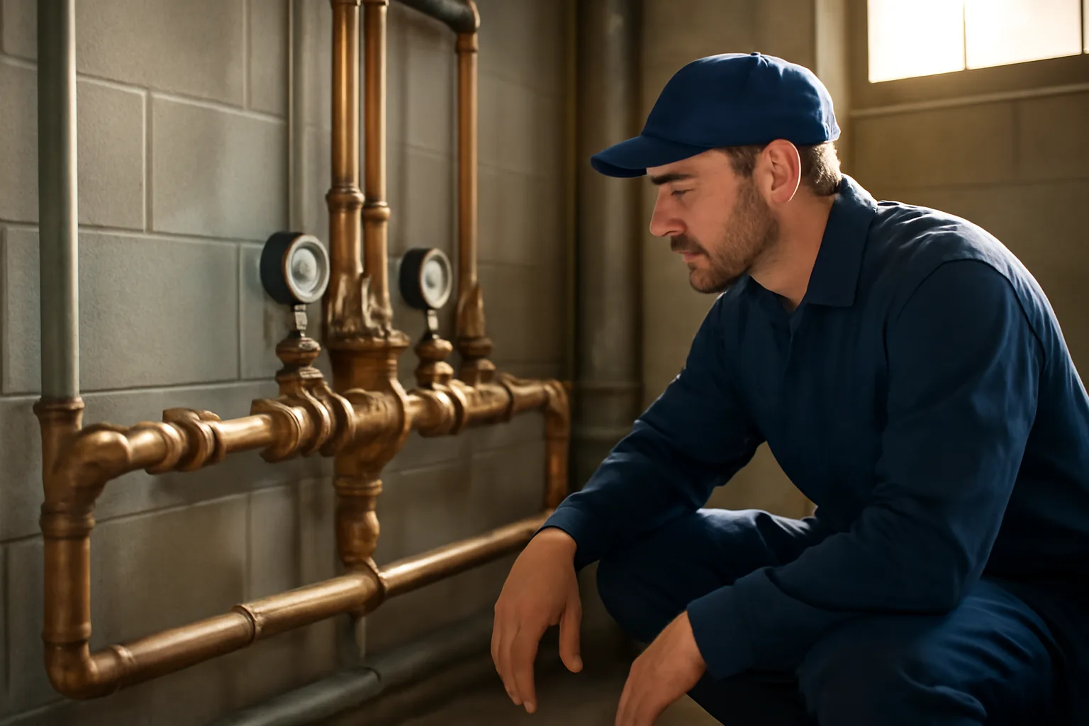 Plumber inspecting a backflow preventer assembly in a commercial utility room