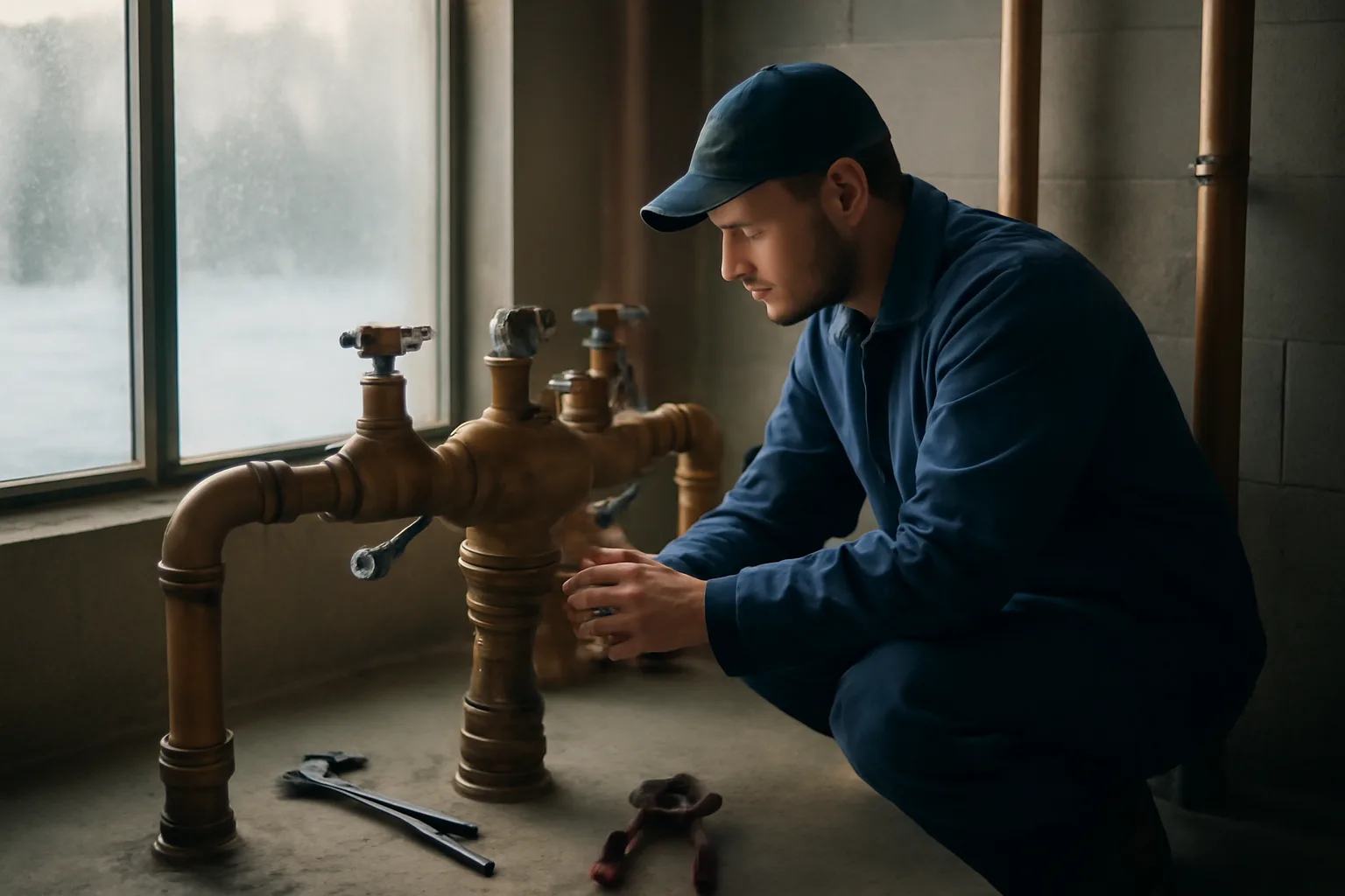 Technician inspecting a copper backflow preventer assembly in an Alaska mechanical room