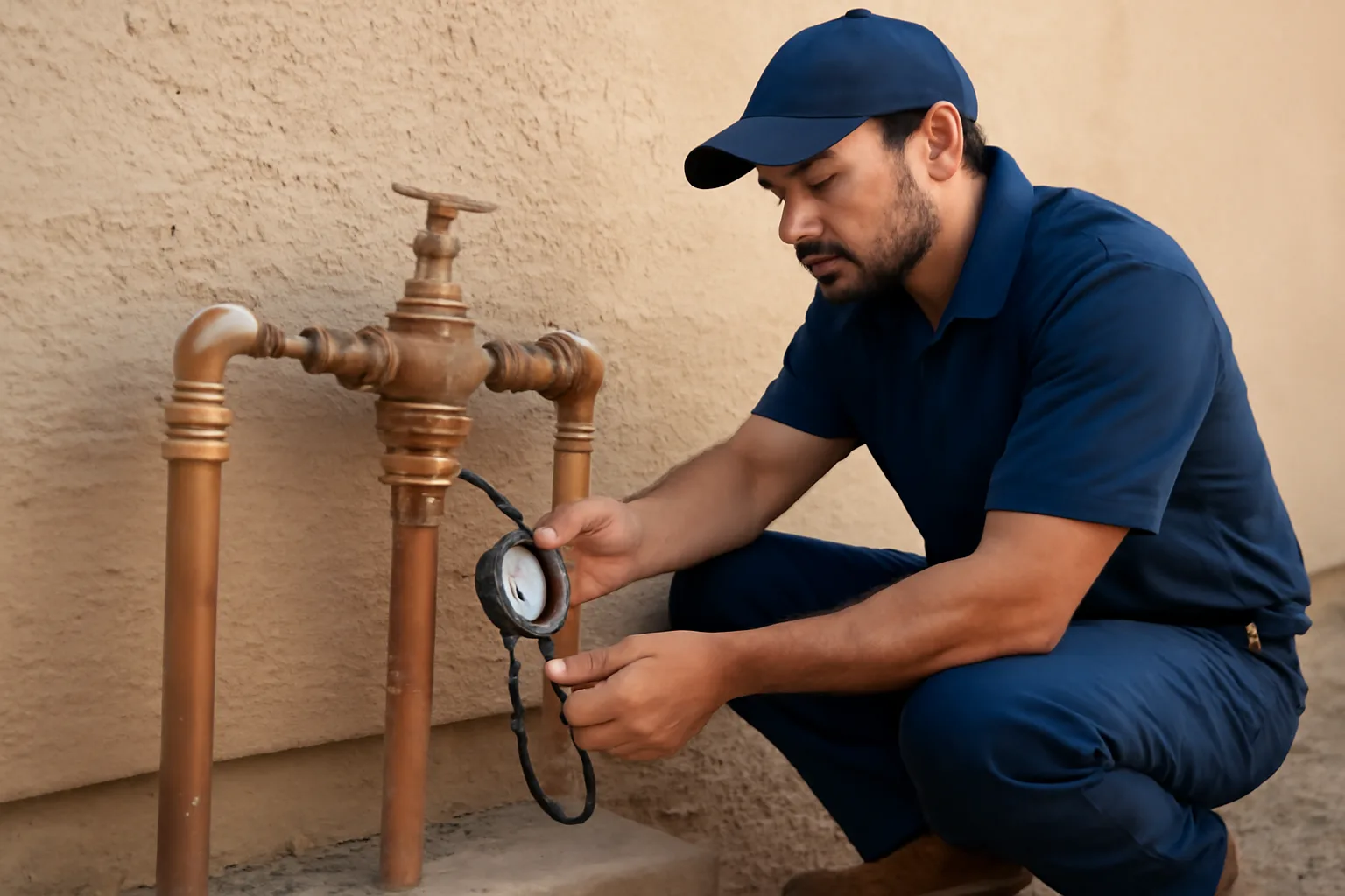 Plumber testing a backflow preventer assembly on a Phoenix building exterior