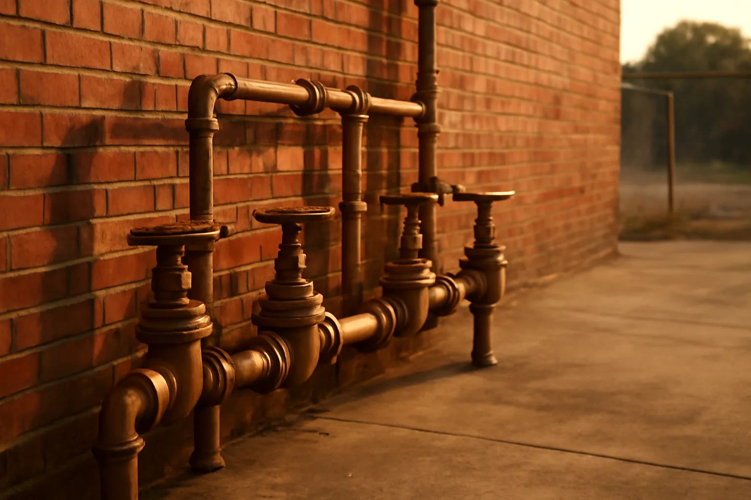Bronze backflow assembly on a brick warehouse wall in Arkansas