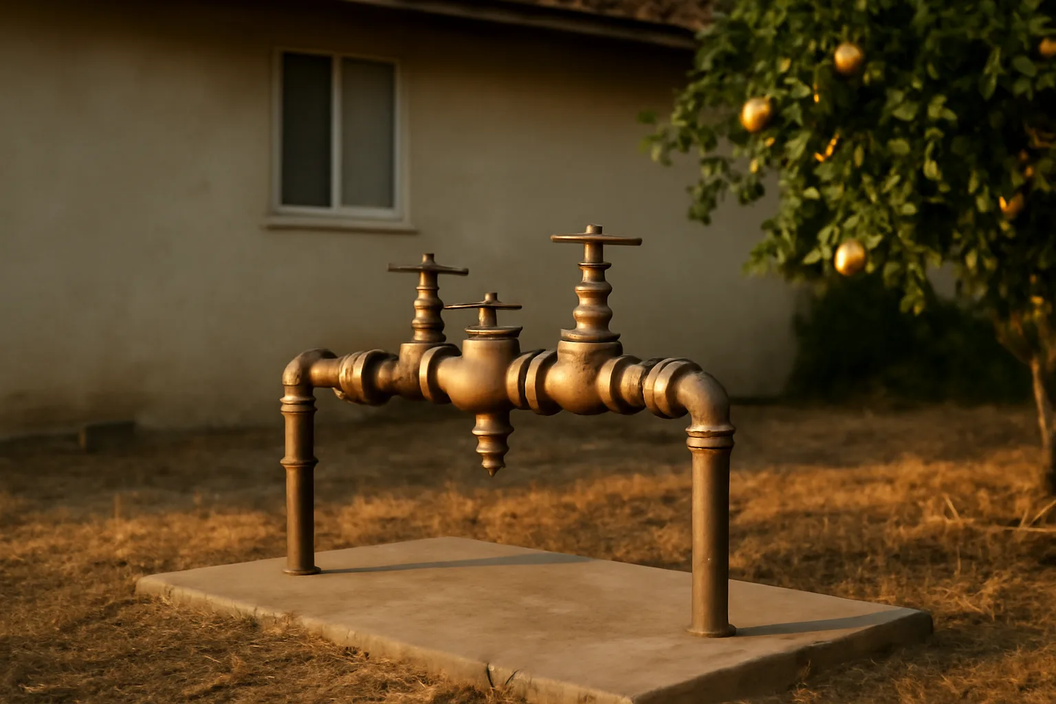 Bronze backflow assembly behind a California bungalow in afternoon sun