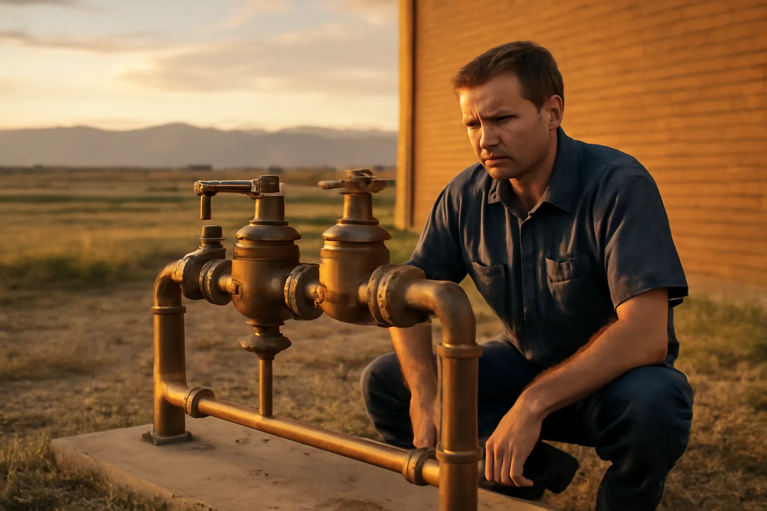 Technician kneeling at a Colorado commercial backflow assembly in afternoon light