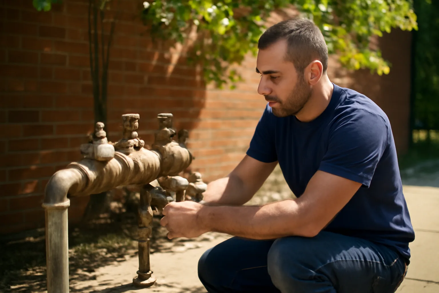 Backflow tester kneeling by a preventer behind a Hartford building
